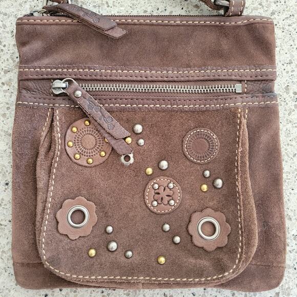 Fossil Brown Leather Suede Crossbody Bag Floral Stud Grommet Applique Full Zip - Picture 14 of 15